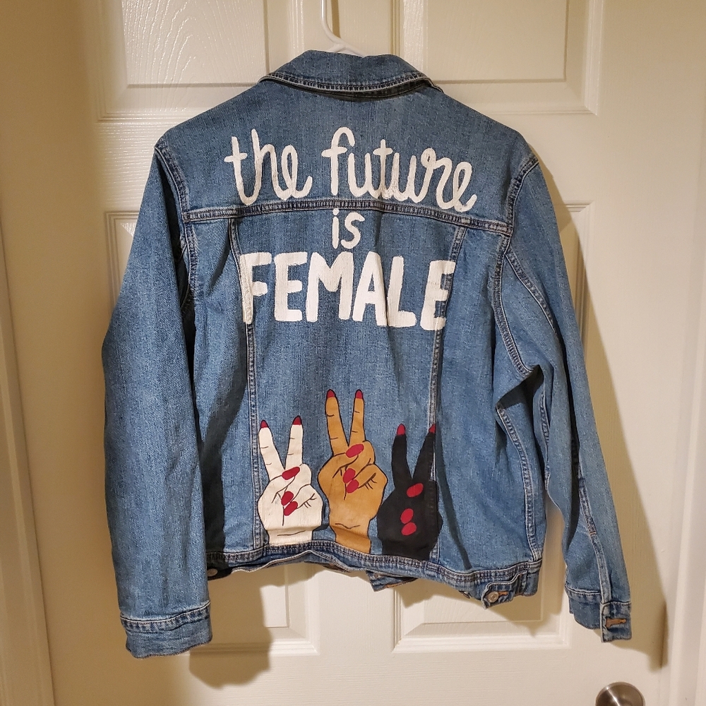Hand Painted Denim Jacket - "the future is FEMALE" - Women's XL